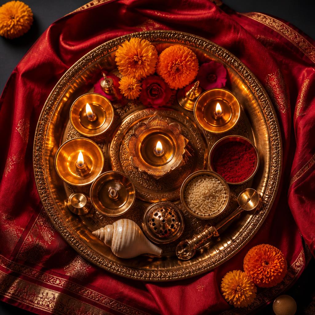 Sacred chadhava thali with flowers and prasad